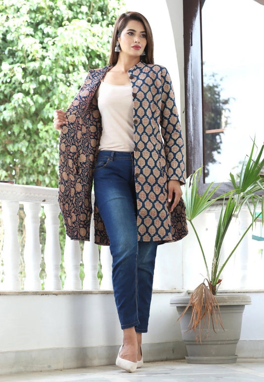 blue floral print reversible quilted jacket