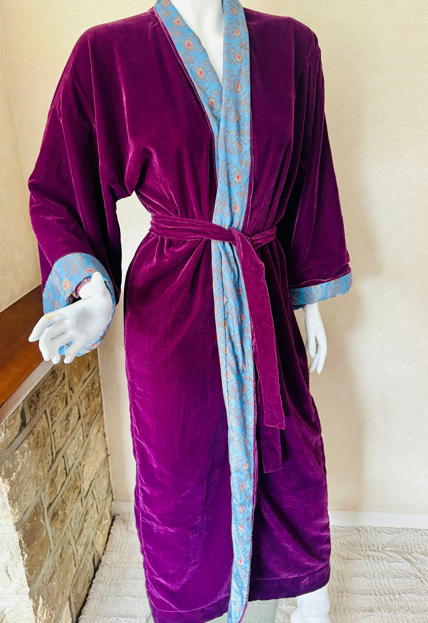 Purple Velvet Robe in Various Styles | Reversible Kimono Robe - Recycled Saree & Velvet | Velvet Dressing Gown | Velvet Gown | Cotton Gown