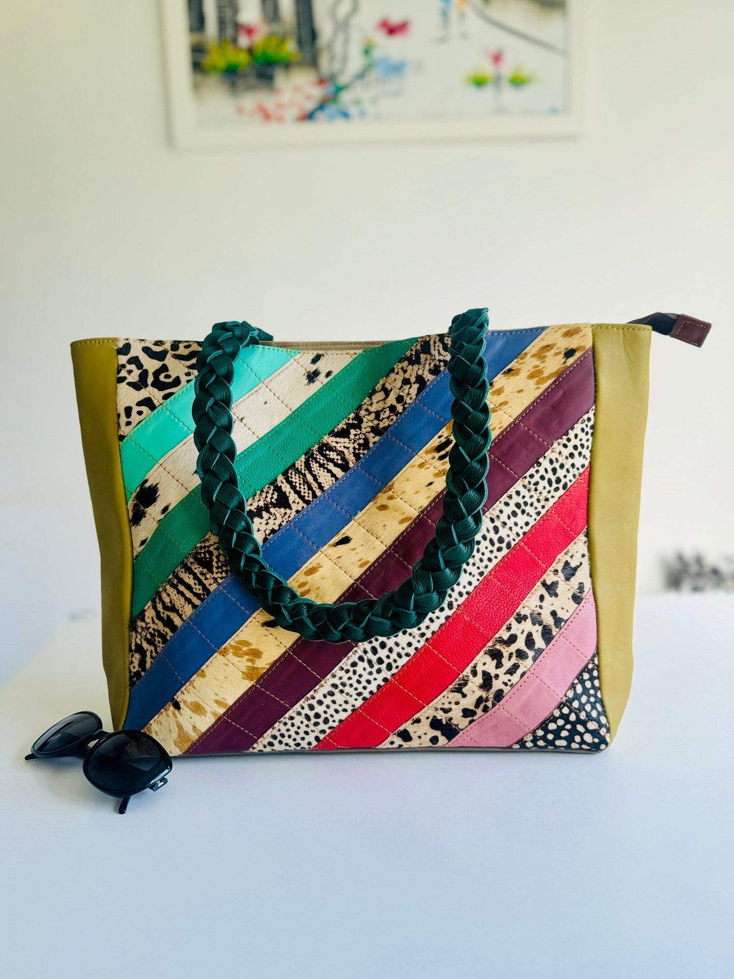 Colourful Leather Tote Bag with Cowhide Animal Print | Unique Leather Bag | Statement Bag | Shoulder Bag | Medium Sized Leather Bag