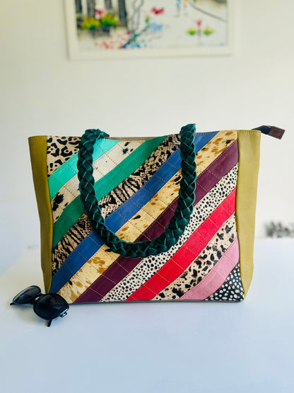 Colourful Leather Tote Bag with Cowhide Animal Print | Unique Leather Bag | Statement Bag | Shoulder Bag | Medium Sized Leather Bag