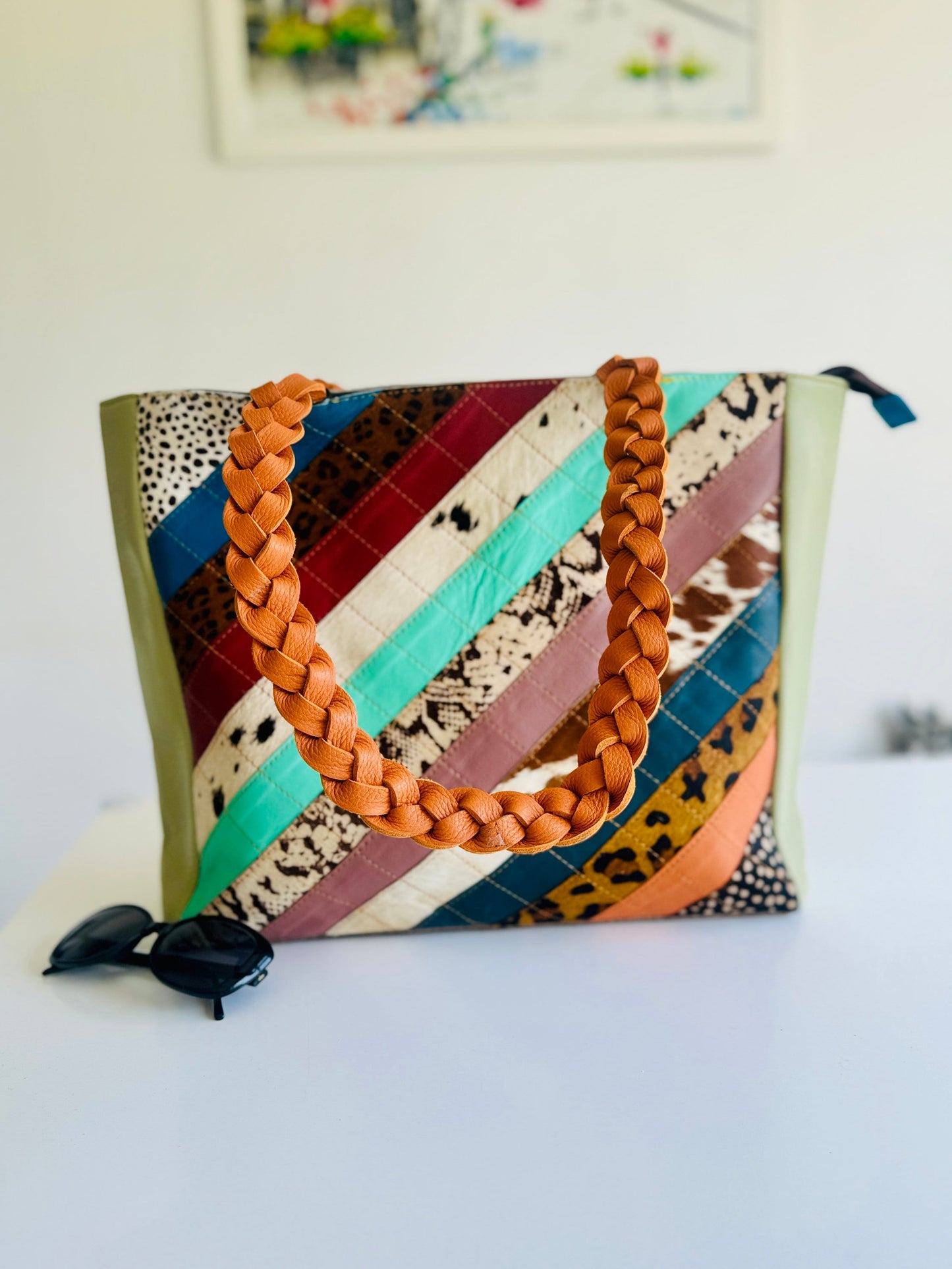 Colourful Leather Tote Bag with Cowhide Animal Print | Unique Leather Bag | Statement Bag | Shoulder Bag | Medium Sized Leather Bag