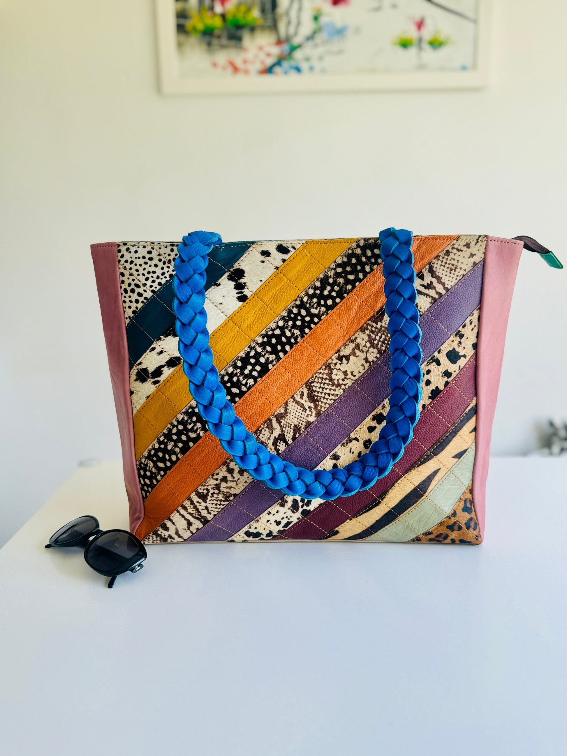 Colourful Leather Tote Bag with Cowhide Animal Print | Unique Leather Bag | Statement Bag | Shoulder Bag | Medium Sized Leather Bag