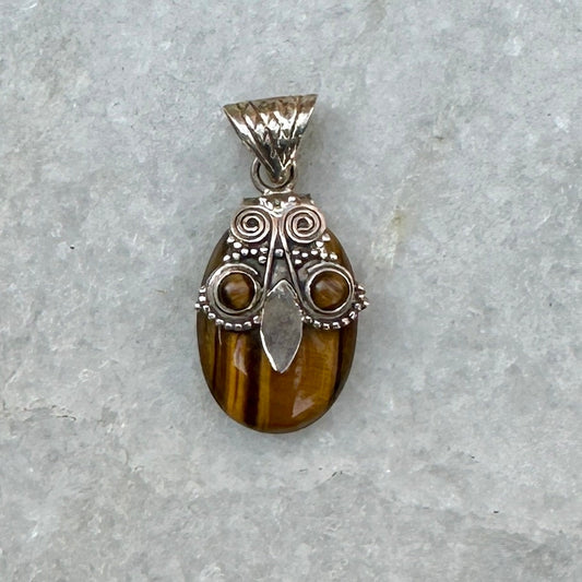 Tigers Eye Oval Pendant | Owl Pendant| Vintage Sterling Silver | Tigers Eye Pendant Necklace  | Amber Pendant | June Birthstone Pendant