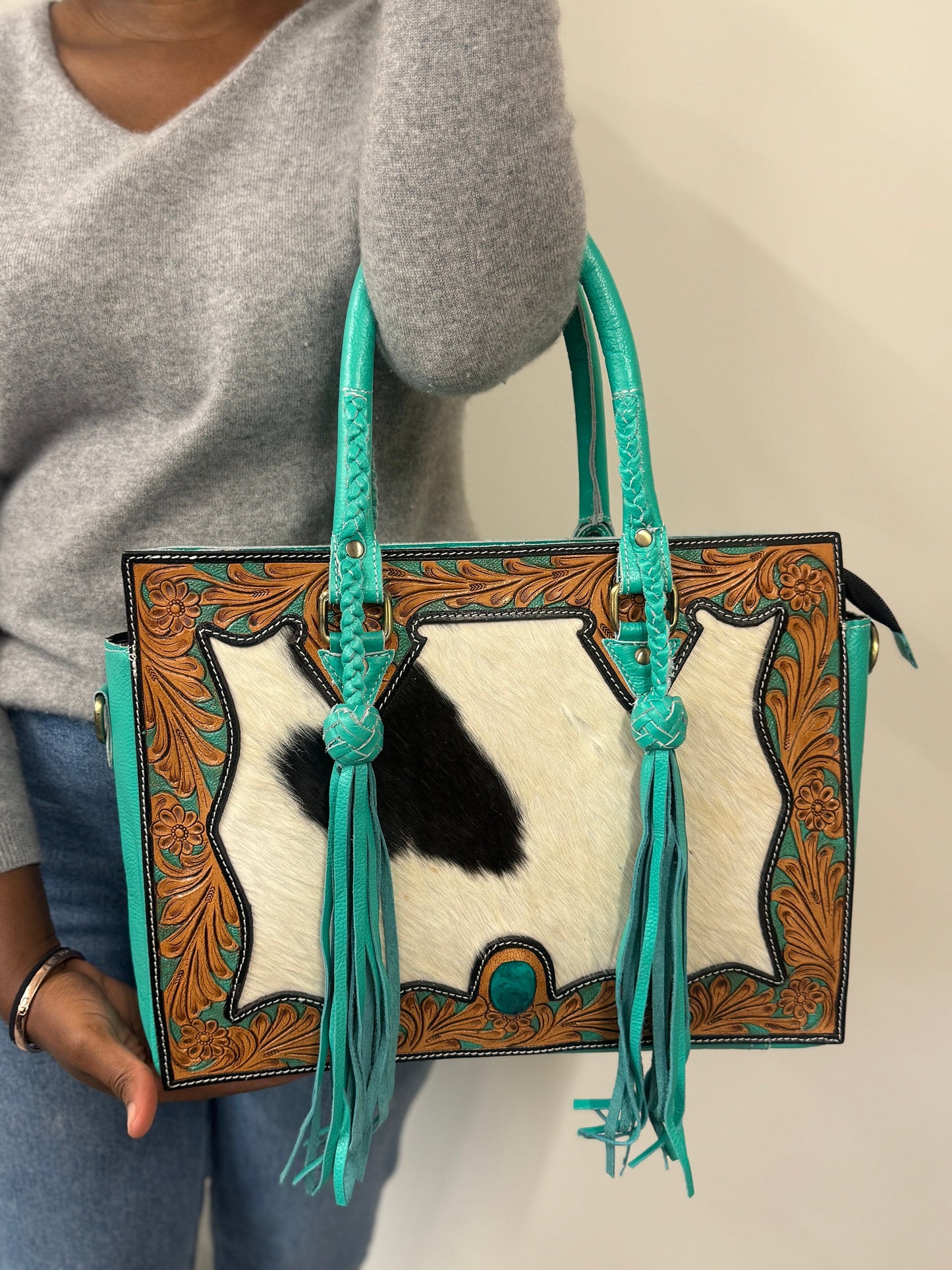 Turquoise Genuine Leather Tote Bag with Zipper and Exquisite Cowhide Accents | Tooled Leather Tote Bag | Medium Sized Leather Bag