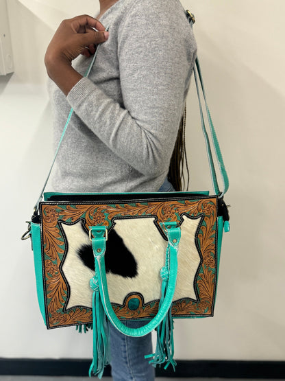 Turquoise Genuine Leather Tote Bag with Zipper and Exquisite Cowhide Accents | Tooled Leather Tote Bag | Medium Sized Leather Bag