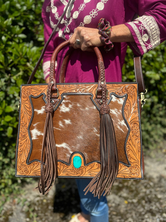 Brown Genuine Leather Tote Bag with Zipper and Exquisite Cowhide Accents | Tooled Leather Tote Bag | Medium Sized Leather Bag