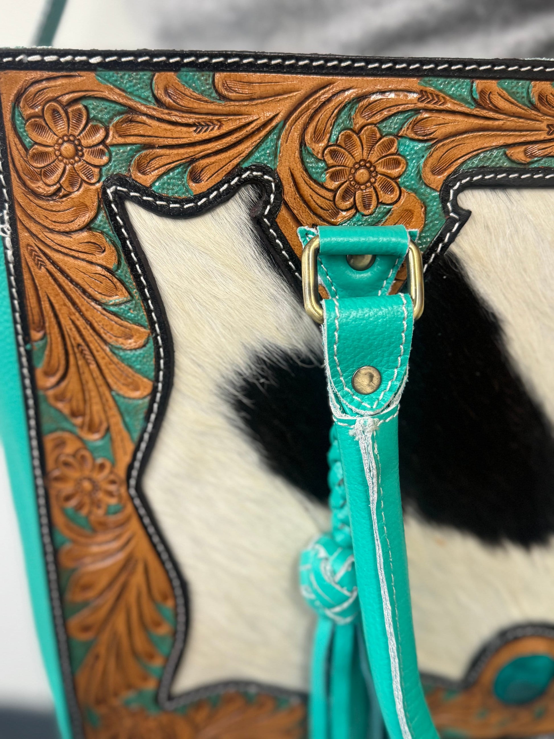 Turquoise Genuine Leather Tote Bag with Zipper and Exquisite Cowhide Accents | Tooled Leather Tote Bag | Medium Sized Leather Bag