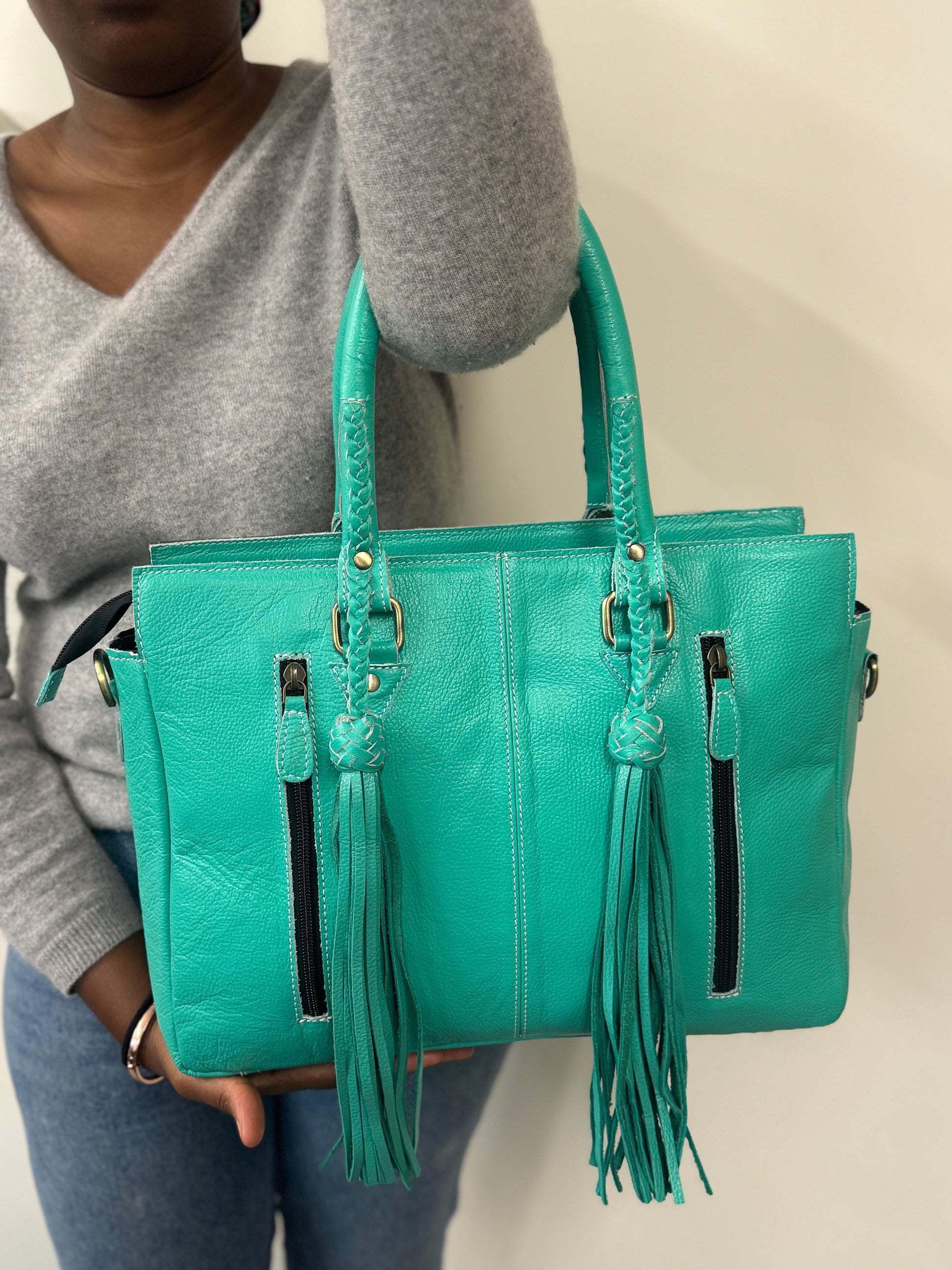 Turquoise Genuine Leather Tote Bag with Zipper and Exquisite Cowhide Accents | Tooled Leather Tote Bag | Medium Sized Leather Bag