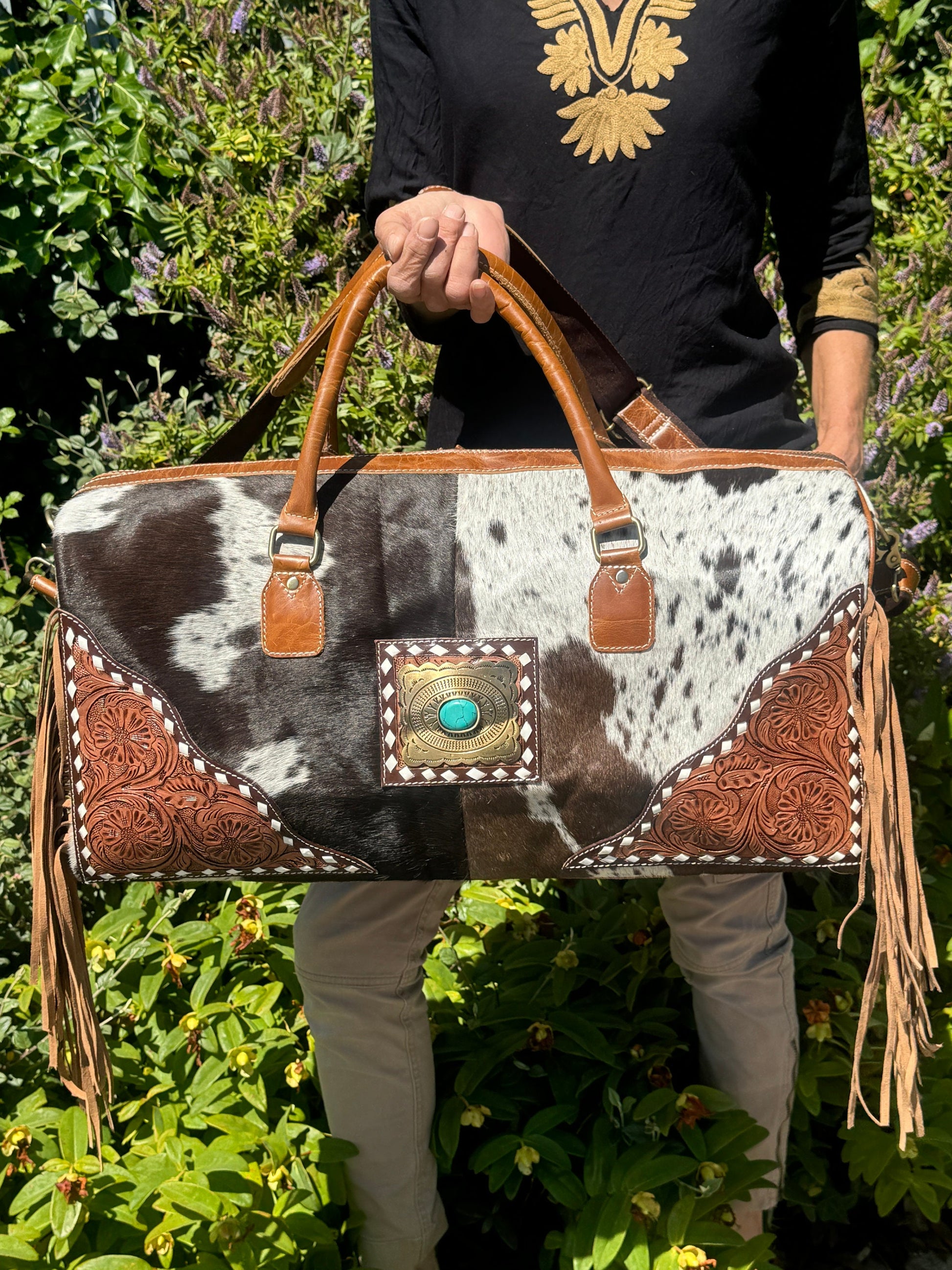 Brown Cowhide Duffle with Fringe and Tooled Leather Detailing | Fringe Travel Bag | Boho Weekender Bag | Travel Leather Bag | Duffel bag