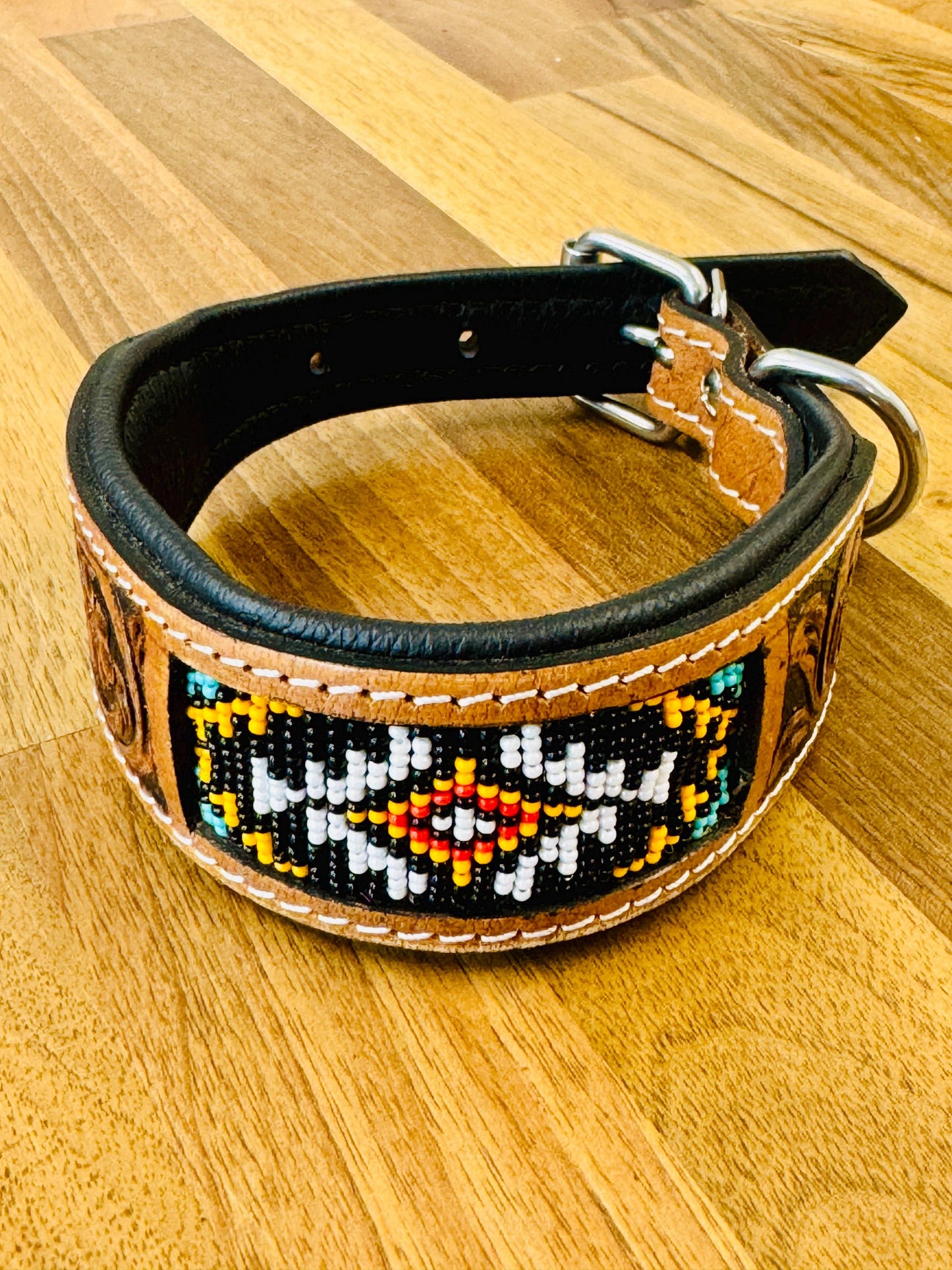 Beaded Leather Dog Collar | Padded Leather Collar | High Quality | Sizes 15&quot;, 21&quot;, 24&quot; and 28&quot; | Dog Collar Leather | Luxury Dog Collar