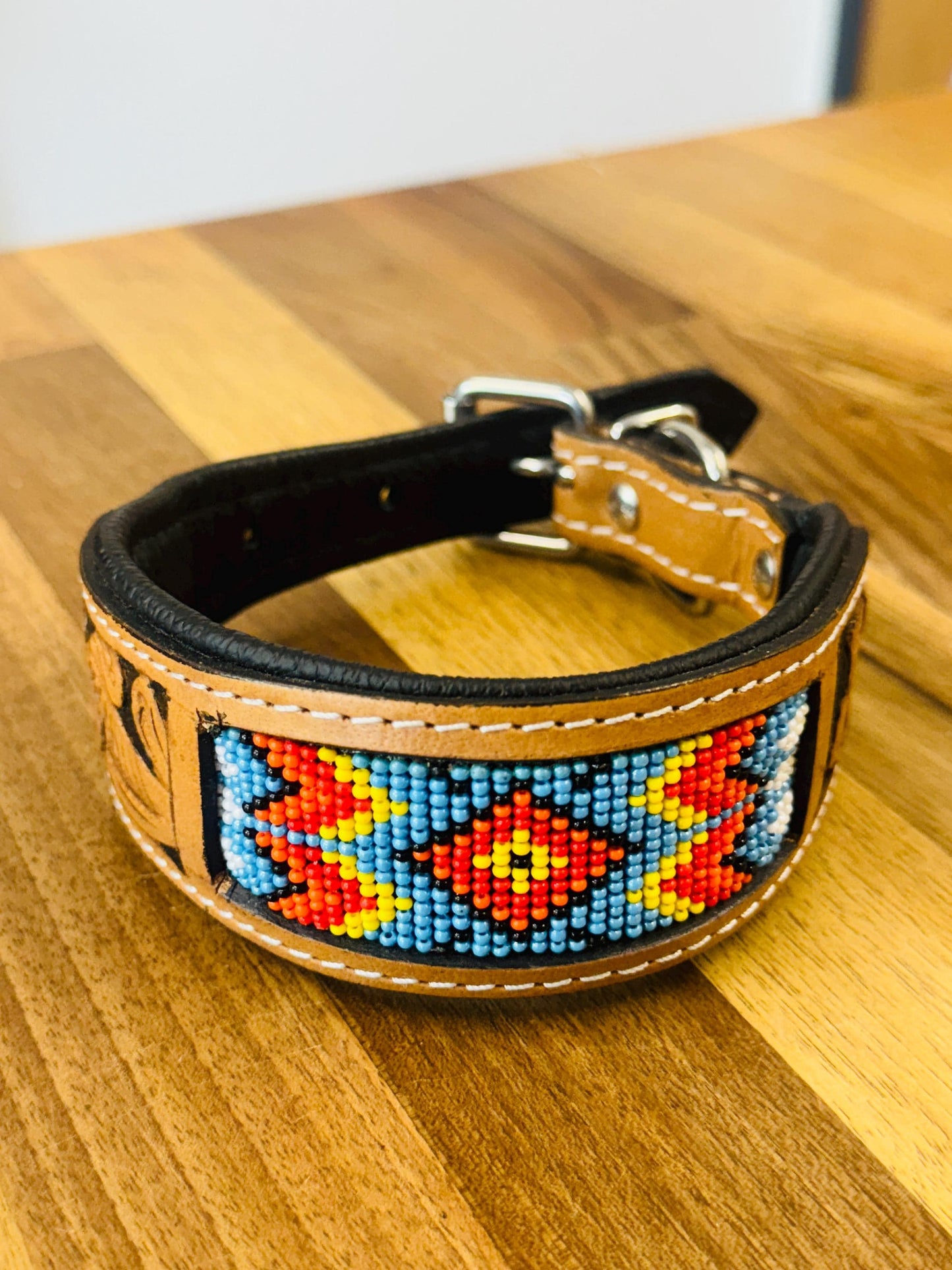 Beaded Leather Dog Collar | Padded Leather Collar | High Quality | Sizes 15&quot;, 21&quot;, 24&quot; and 28&quot; | Dog Collar Leather | Luxury Dog Collar