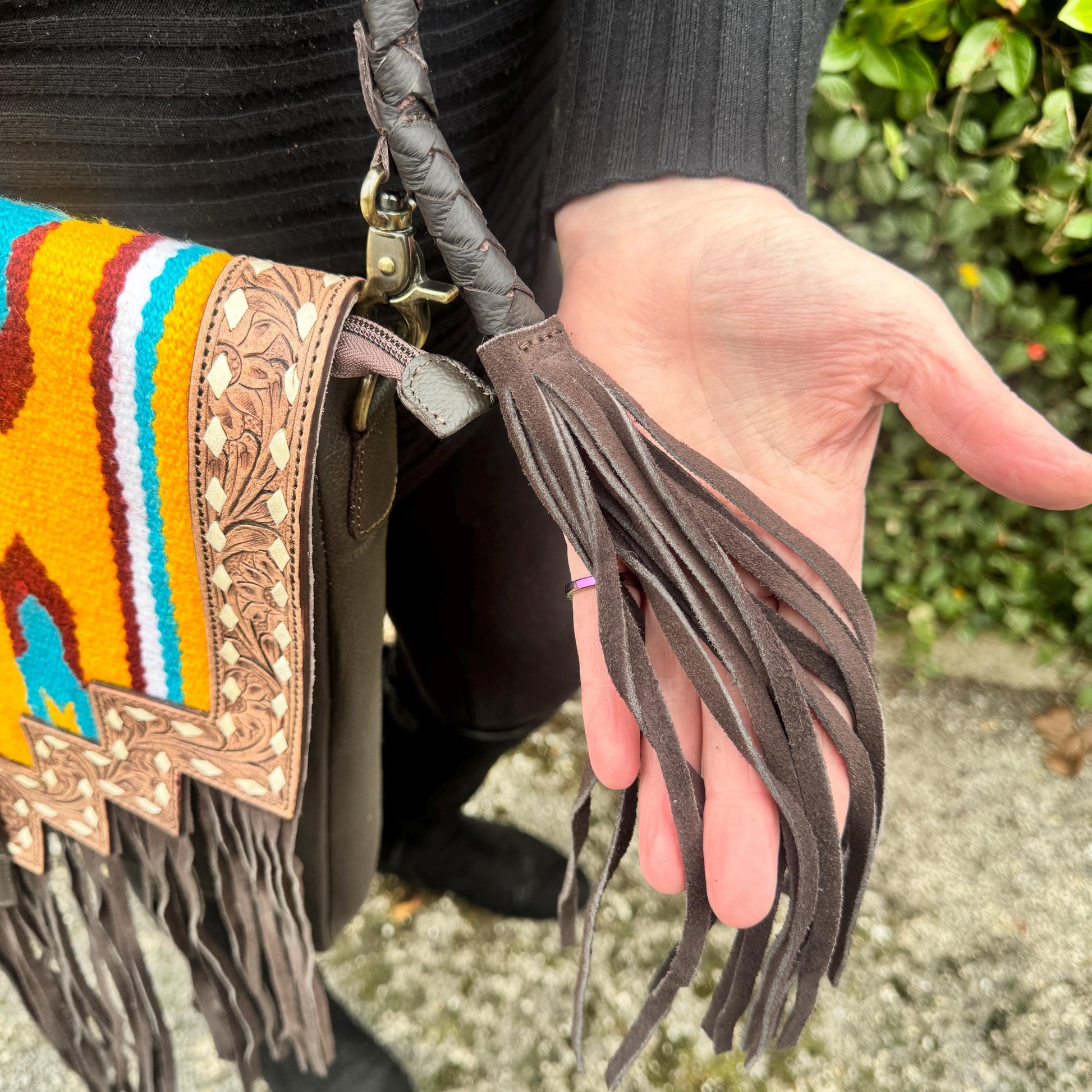 Large Fringe Leather Bag with Aztec Pattern | Crossbody Bag | Western Style Suede Shoulder Bag for Women | Gift for Women | Gift for Her