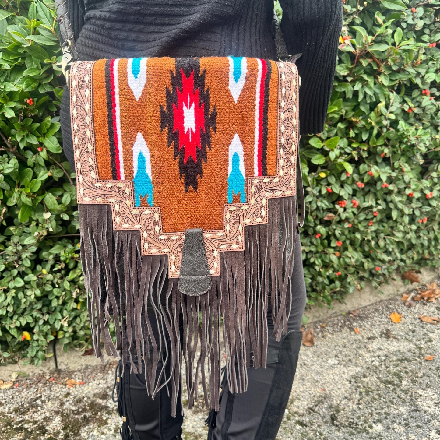 Large Fringe Leather Bag with Aztec Pattern | Crossbody Bag | Western Style Suede Shoulder Bag for Women | Gift for Women | Gift for Her