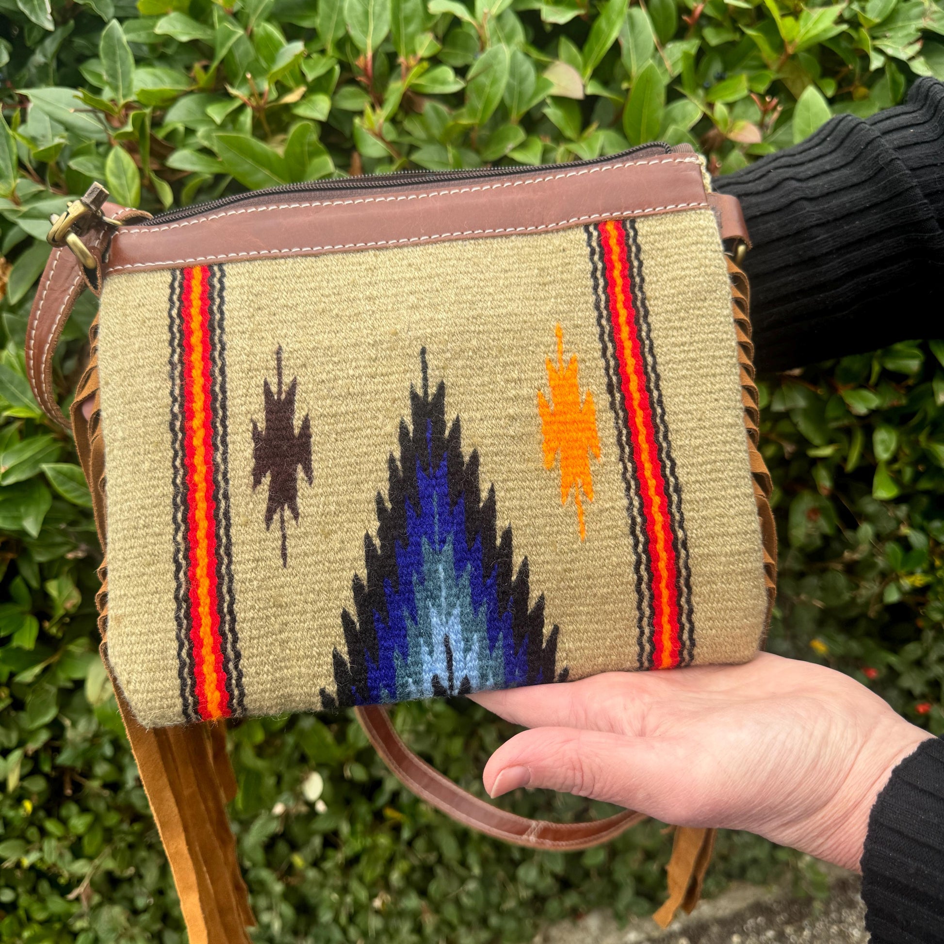 Small Fringe Leather Bag with Aztec Pattern | Aztec Bag | Western Style Suede Shoulder Bag for Women | Gift for Women | Gift for Her