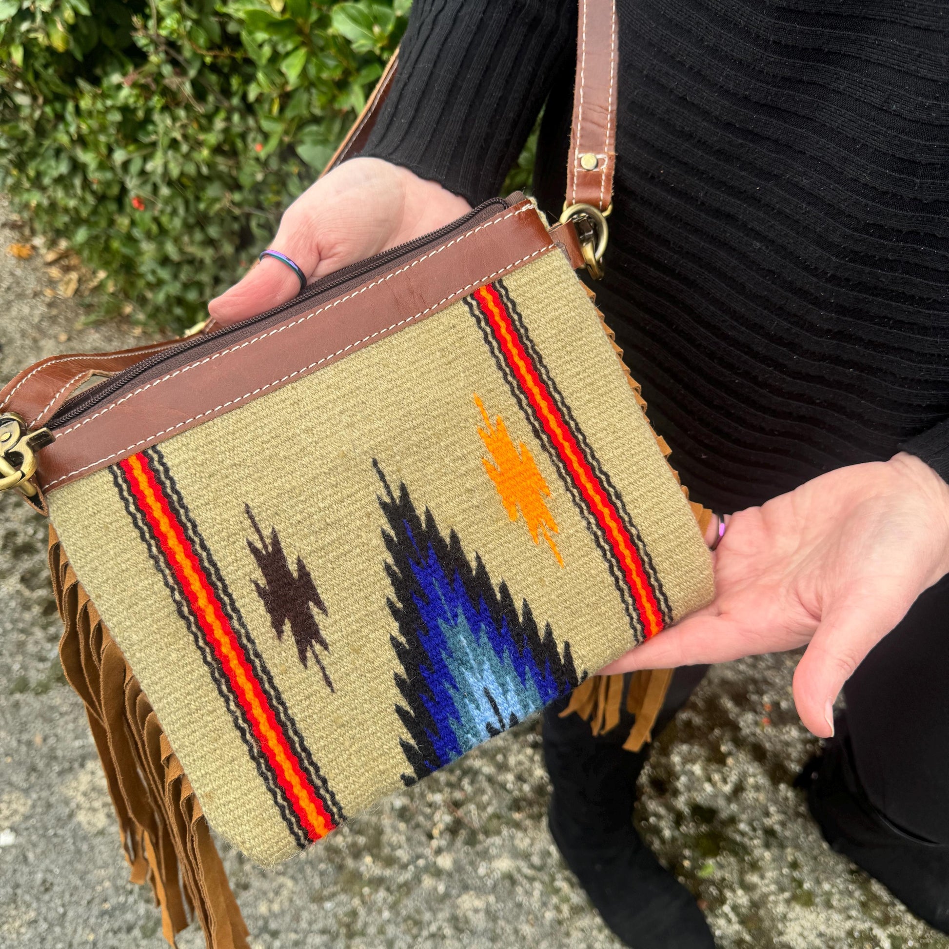 Small Fringe Leather Bag with Aztec Pattern | Aztec Bag | Western Style Suede Shoulder Bag for Women | Gift for Women | Gift for Her