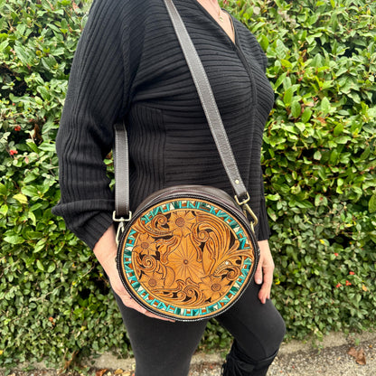 Boho Leather Cross Body Bag | Round Tooled Leather Purse | Leather Handbag | Western Handbag | Cowgirl Gift | Unique Gift for Her |