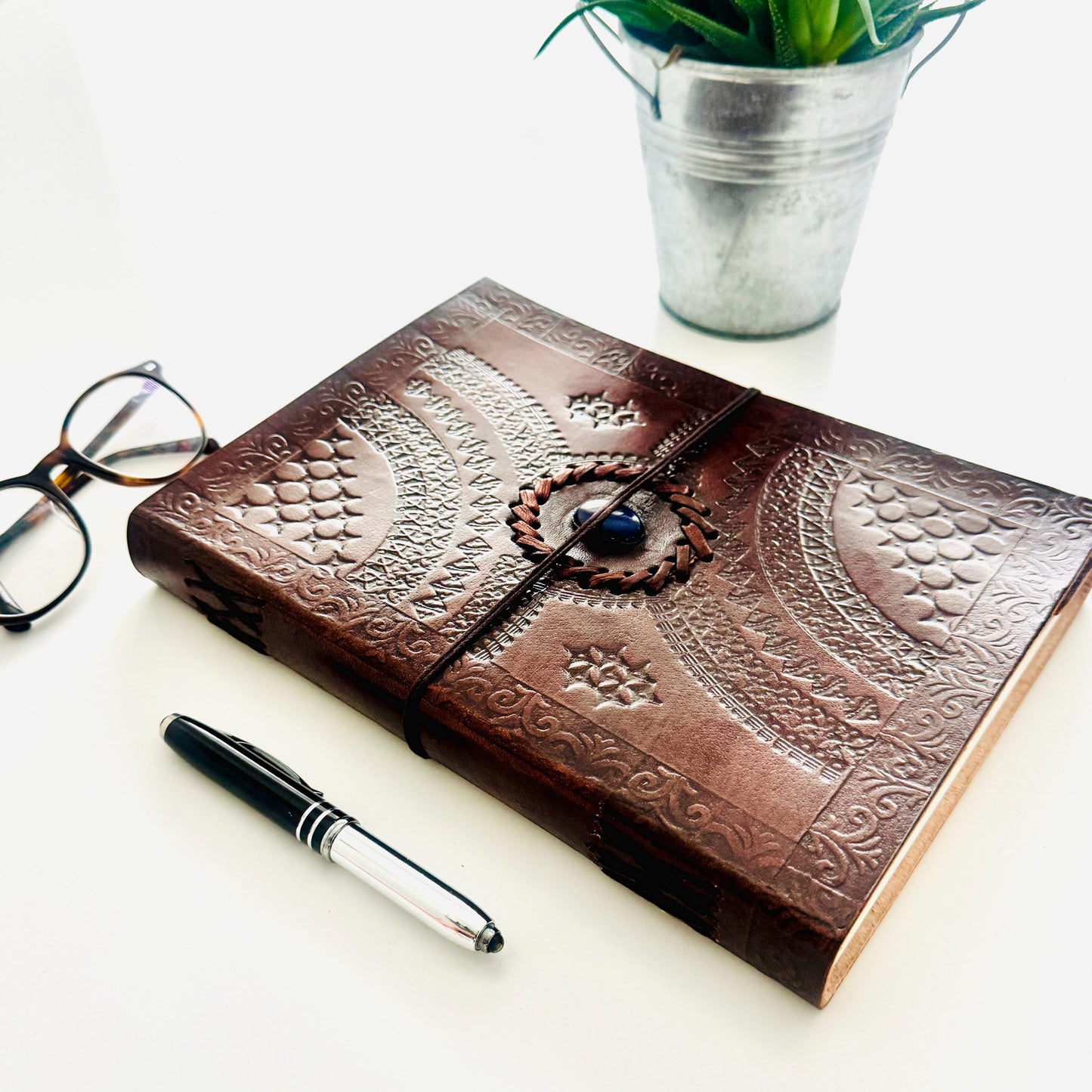 Handcrafted Large Leather Journal with Semi Precious | Leather Bound Journal | Leather Scrapbook | Recycled Paper Journal | Unlined Paper