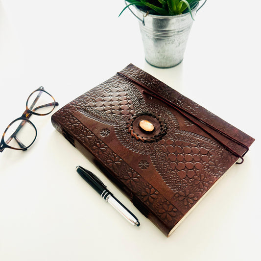 Handcrafted Large Leather Journal with Semi Precious | Leather Bound Journal | Leather Scrapbook | Recycled Paper Journal | Unlined Paper