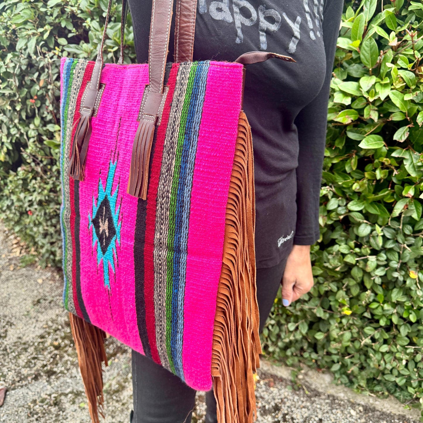 Large Leather Bag with Aztec Pattern and Fringe | Aztec Bag | Western Style Suede Shoulder Bag for Women | Gift for Women | Gift for Her