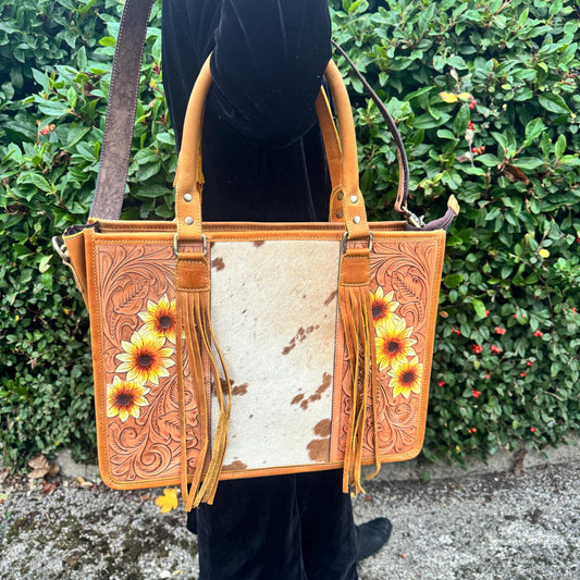 Tooled Leather Tote Bag -Sunflower | Tooled Leather Briefcase | Unique Leather Bag | Statement Bag | Shoulder Bag | Medium Sized Leather Bag