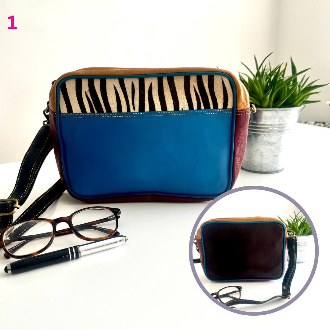 Coloured Leather Cross Body Bag with Animal Print | Recycled Leather Crossbody Bag | Coloured Leather Satchel Bag | Unique Gift for Her |