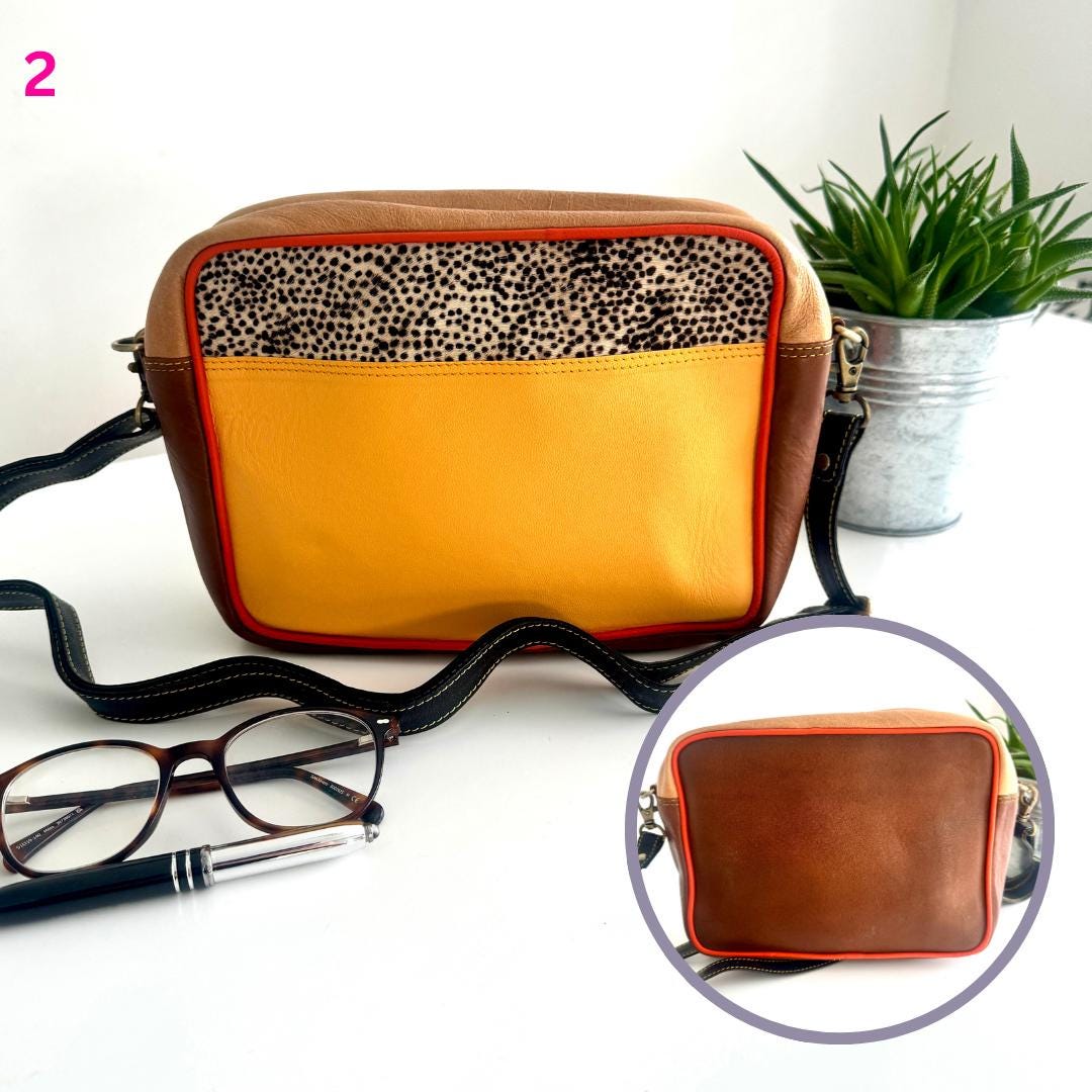 Coloured Leather Cross Body Bag with Animal Print | Recycled Leather Crossbody Bag | Coloured Leather Satchel Bag | Unique Gift for Her |