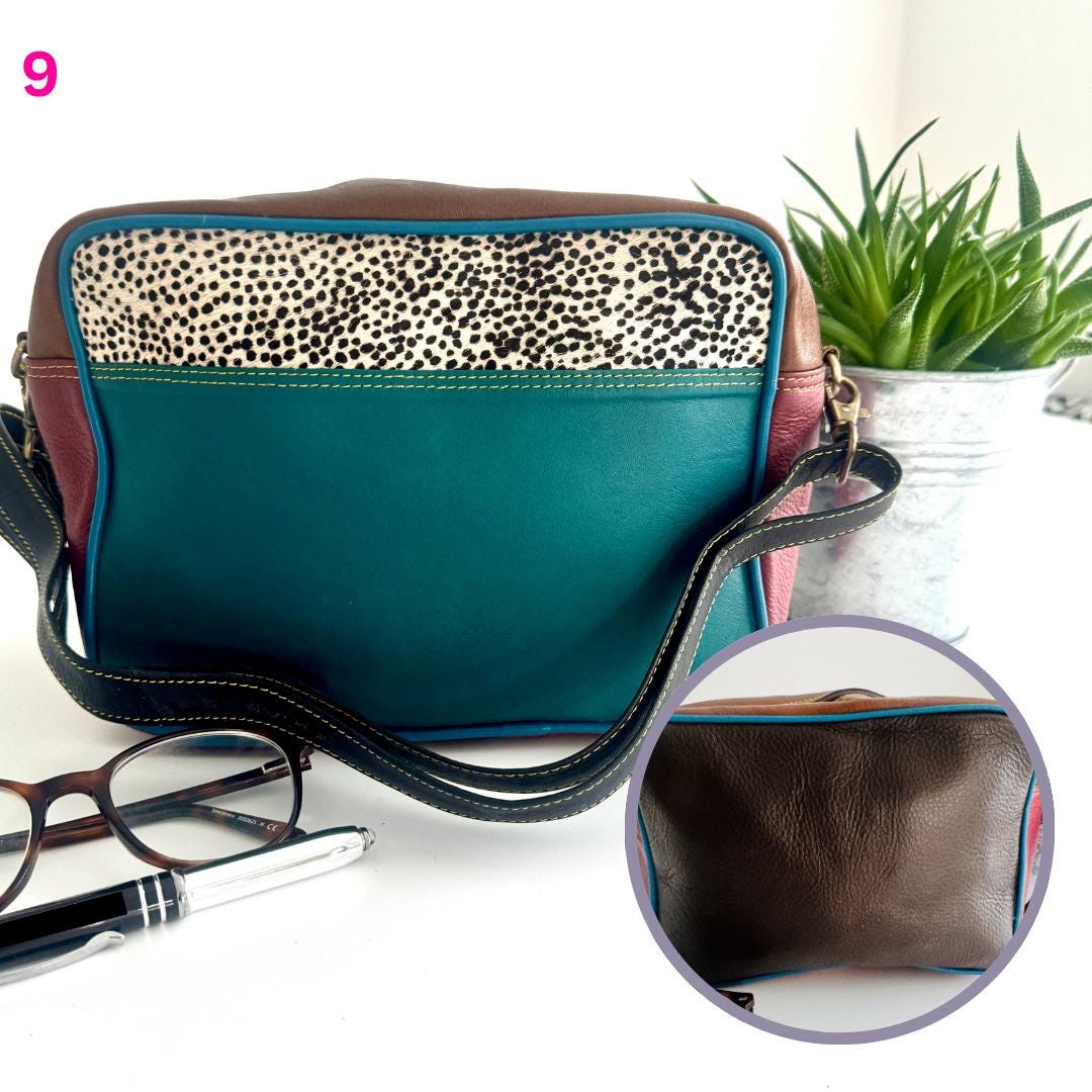 Coloured Leather Cross Body Bag with Animal Print | Recycled Leather Crossbody Bag | Coloured Leather Satchel Bag | Unique Gift for Her |