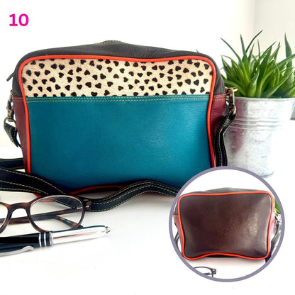 Coloured Leather Cross Body Bag with Animal Print | Recycled Leather Crossbody Bag | Coloured Leather Satchel Bag | Unique Gift for Her |