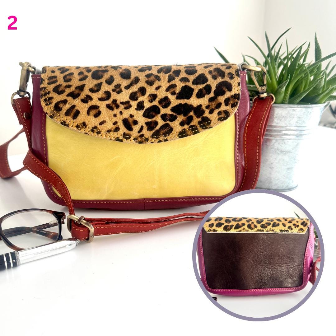 Coloured Leather Cross Body Bag with Animal Print | Recycled Leather Crossbody Bag | Coloured Leather Satchel Bag | Unique Gift for Her |