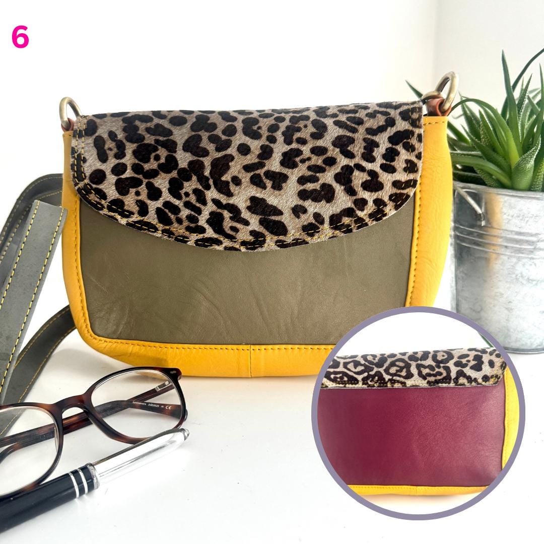 Coloured Leather Cross Body Bag with Animal Print | Recycled Leather Crossbody Bag | Coloured Leather Satchel Bag | Unique Gift for Her |