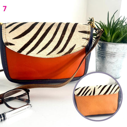 Coloured Leather Cross Body Bag with Animal Print | Recycled Leather Crossbody Bag | Coloured Leather Satchel Bag | Unique Gift for Her |