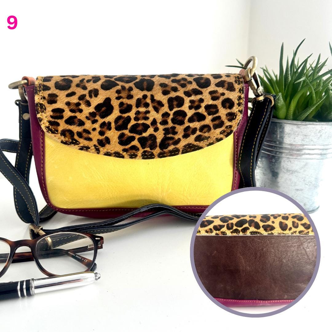 Coloured Leather Cross Body Bag with Animal Print | Recycled Leather Crossbody Bag | Coloured Leather Satchel Bag | Unique Gift for Her |