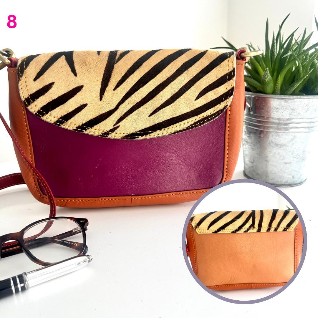 Coloured Leather Cross Body Bag with Animal Print | Recycled Leather Crossbody Bag | Coloured Leather Satchel Bag | Unique Gift for Her |