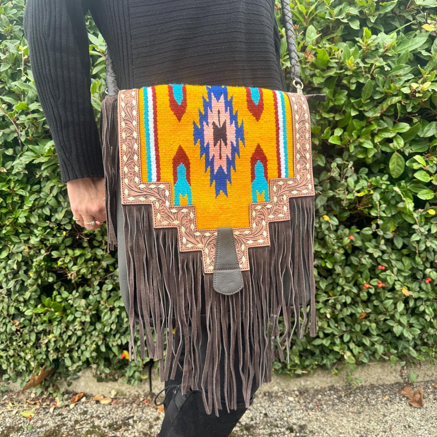 Large Fringe Leather Bag with Aztec Pattern | Crossbody Bag | Western Style Suede Shoulder Bag for Women | Gift for Women | Gift for Her