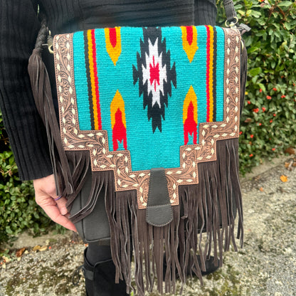 Large Fringe Leather Bag with Aztec Pattern | Crossbody Bag | Western Style Suede Shoulder Bag for Women | Gift for Women | Gift for Her