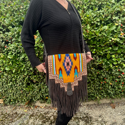 Large Fringe Leather Bag with Aztec Pattern | Crossbody Bag | Western Style Suede Shoulder Bag for Women | Gift for Women | Gift for Her