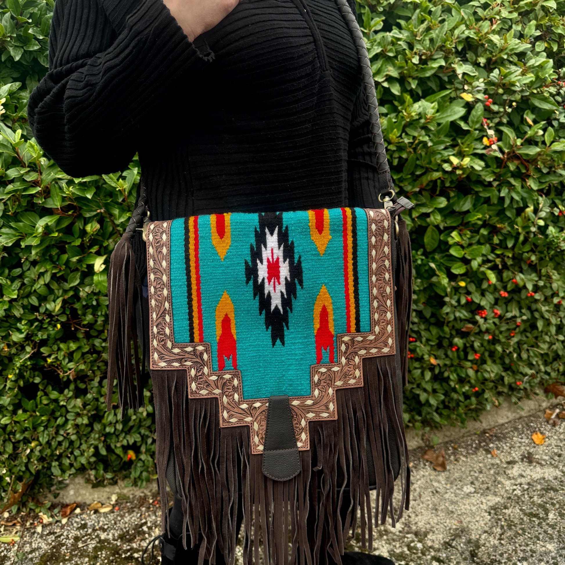 Large Fringe Leather Bag with Aztec Pattern | Crossbody Bag | Western Style Suede Shoulder Bag for Women | Gift for Women | Gift for Her