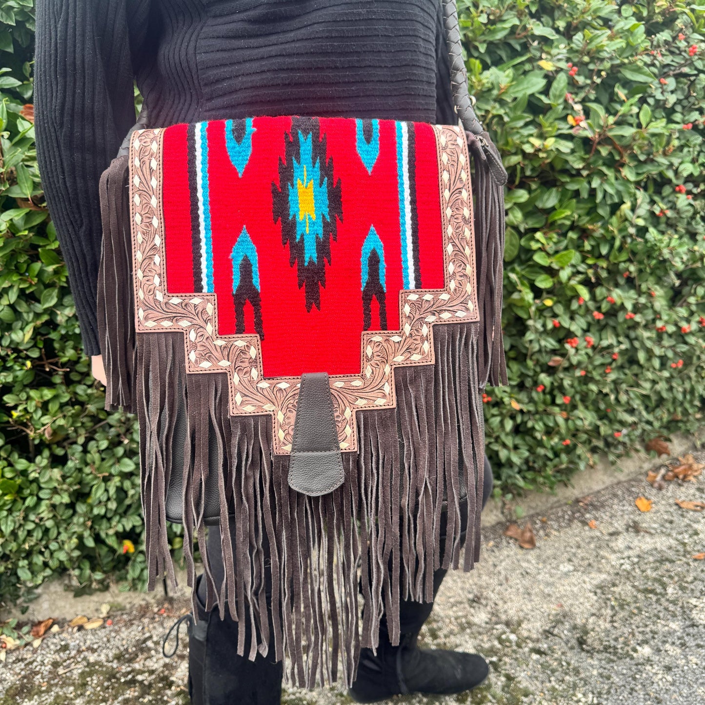 Large Fringe Leather Bag with Aztec Pattern | Crossbody Bag | Western Style Suede Shoulder Bag for Women | Gift for Women | Gift for Her