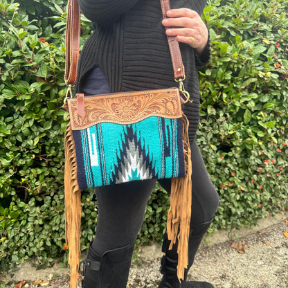 Small Fringe Leather Bag with Aztec Pattern | Aztec Bag | Western Style Suede Shoulder Bag for Women | Gift for Women | Gift for Her