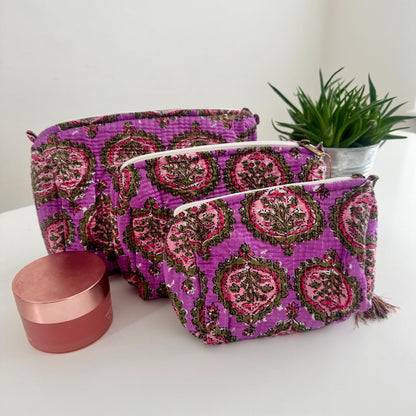 Set of 3 Pieces Quilted Makeup Bag Set | Toiletry Bag Set | Handmade Eco-friendly Cotton | Wash Bag Set | Birthday Gift | Gift for Her