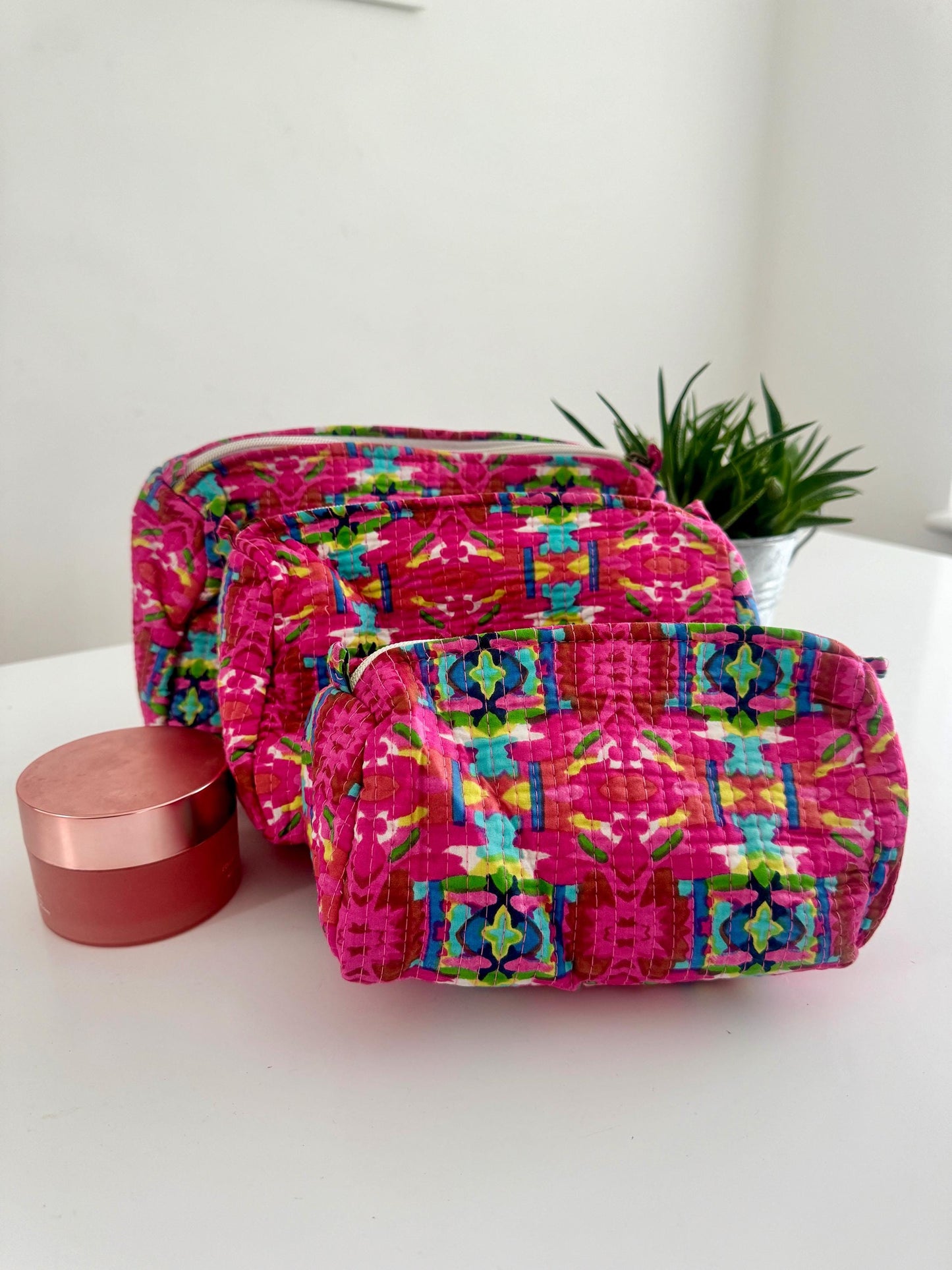 Set of 3 Pieces Quilted Makeup Bag Set | Toiletry Bag Set | Handmade Eco-friendly Cotton | Wash Bag Set | Birthday Gift | Gift for Her