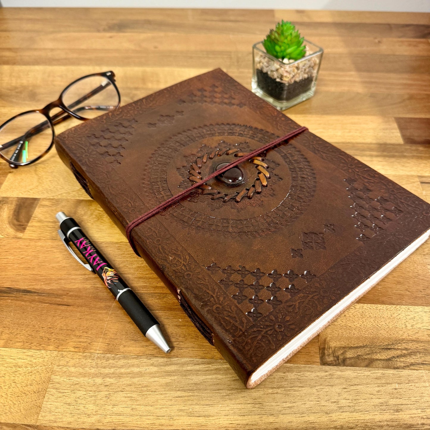 Handcrafted Large Leather Journal with Hematite | Leather Bound Journal | Leather Scrapbook | Recycled Paper Journal | Unlined Paper