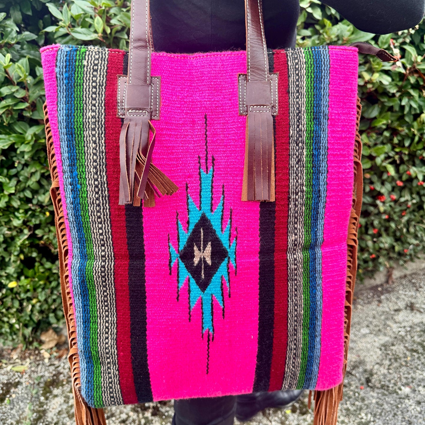 Large Leather Bag with Aztec Pattern and Fringe | Aztec Bag | Western Style Suede Shoulder Bag for Women | Gift for Women | Gift for Her