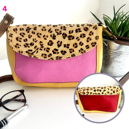 Coloured Leather Cross Body Bag with Animal Print | Recycled Leather Crossbody Bag | Coloured Leather Satchel Bag | Unique Gift for Her |