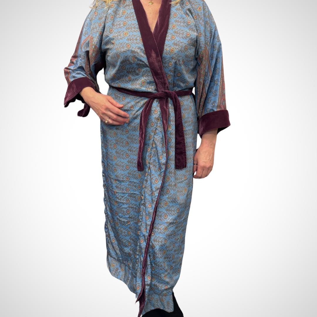 Purple Velvet Robe in Various Styles | Reversible Kimono Robe - Recycled Saree & Velvet | Velvet Dressing Gown | Velvet Gown | Cotton Gown