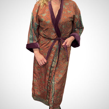 Purple Velvet Robe in Various Styles | Reversible Kimono Robe - Recycled Saree & Velvet | Velvet Dressing Gown | Velvet Gown | Cotton Gown