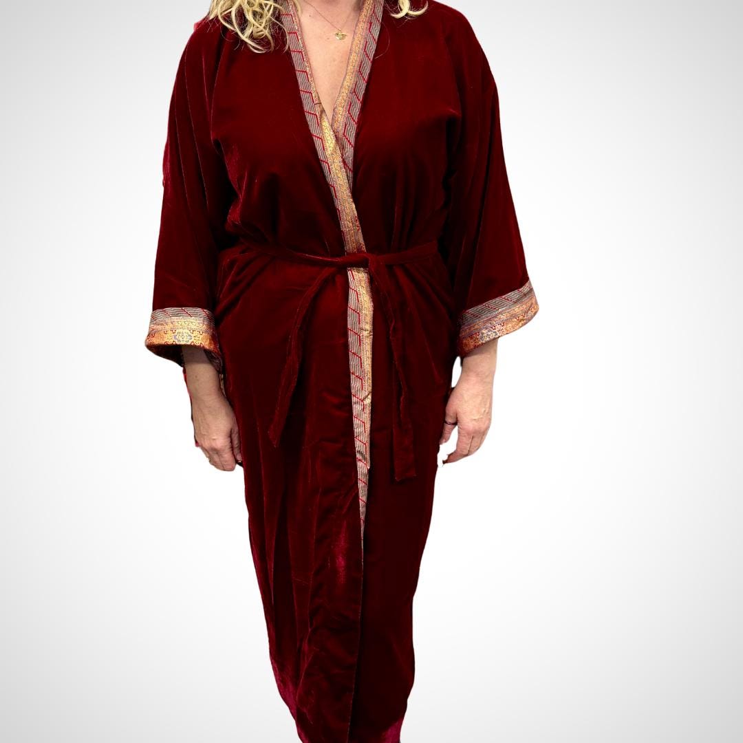 Burgundy Velvet Robe in Various Styles | Reversible Kimono Robe - Recycled Saree & Velvet | Velvet Dressing Gown | Velvet Gown | Cotton Gown