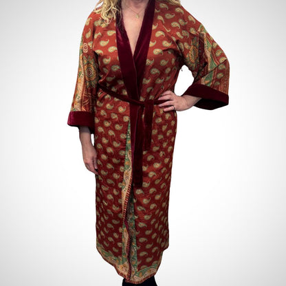 Burgundy Velvet Robe in Various Styles | Reversible Kimono Robe - Recycled Saree & Velvet | Velvet Dressing Gown | Velvet Gown | Cotton Gown