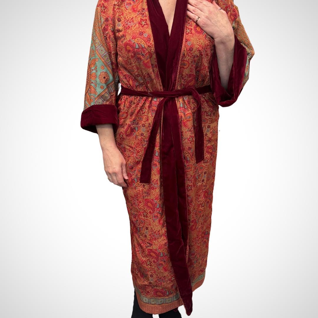 Burgundy Velvet Robe in Various Styles | Reversible Kimono Robe - Recycled Saree & Velvet | Velvet Dressing Gown | Velvet Gown | Cotton Gown