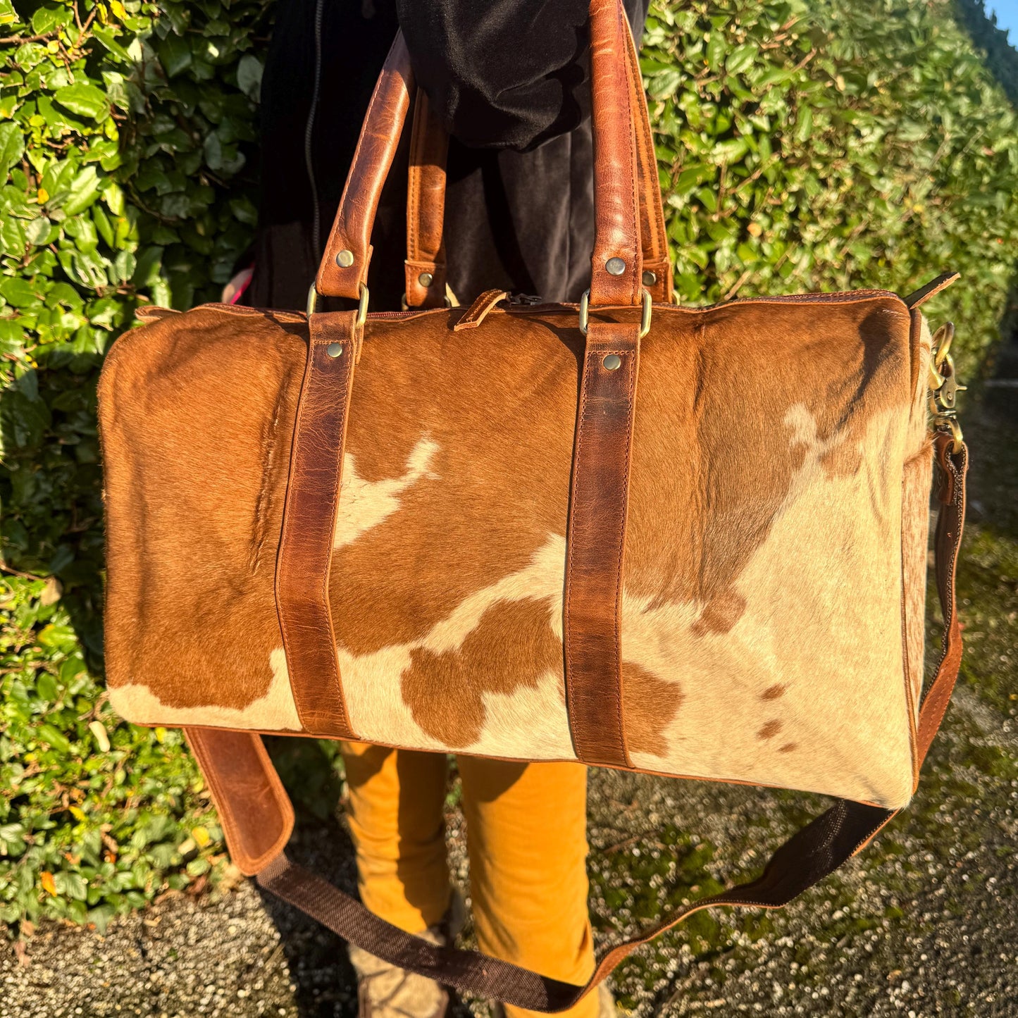 Leather Duffle Bag with Goat Hide Detailing | Weekender Bag | Travel Leather Bag | Overnight Bag | Western Bag | Birthday Gift |